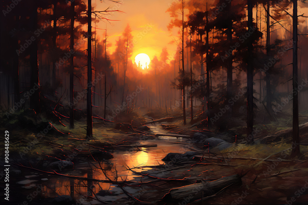 Mysterious forest at sunset. Oil painting. Mysterious forest at sunset. Oil painting.