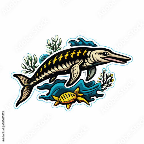 An ichthyosaur, a marine reptile, swims gracefully through the ancient oceans.