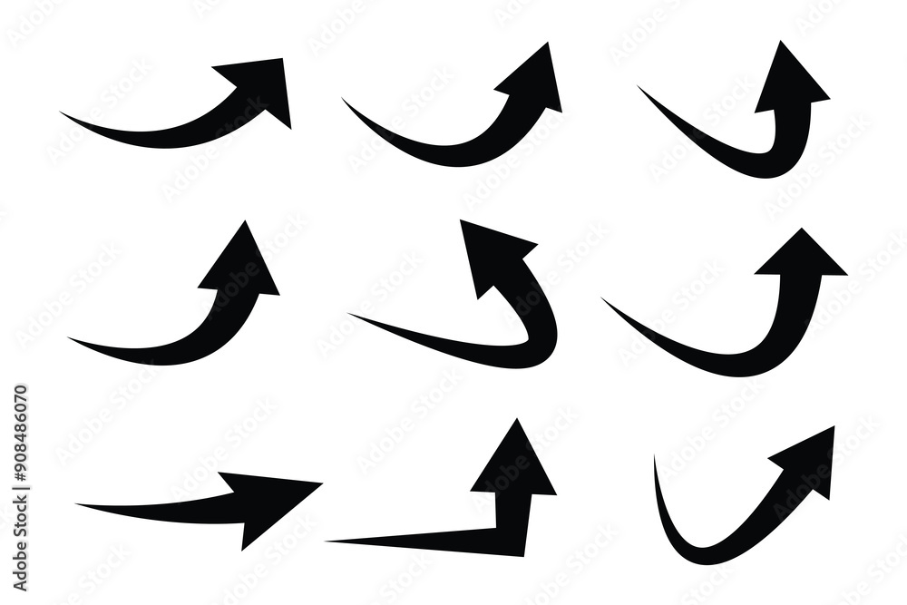 Set of  black curve arrow icon vector. curve arrow icon set. curved arrow icons featuring varied shapes and directions, ideal for creative and expressive visual designs. vector.
