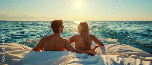 they are sitting on a boat in the ocean watching the sun go down photo