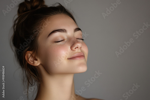 A close up of a girl's face with her eyes closed