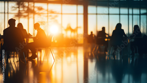 The Silhouette of Business People Sitting in the Office at Sunset