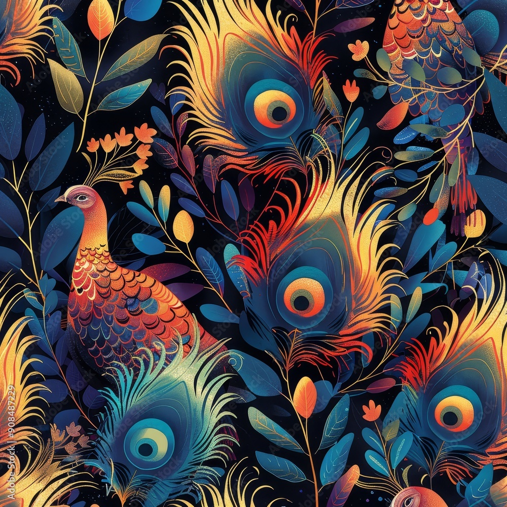 Peacock Feathers and Birds in a Vibrant Floral Pattern Peacock Feathers and Birds in a Vibrant Floral Pattern