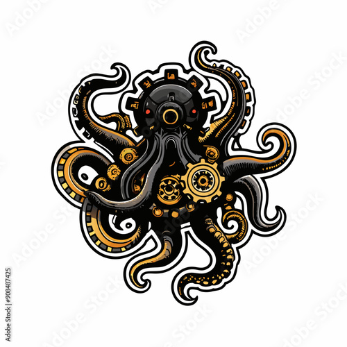 A steampunk-inspired kraken with a mechanical tentacle, rendered in intricate detail, showcasing gears, cogs, and pipes.