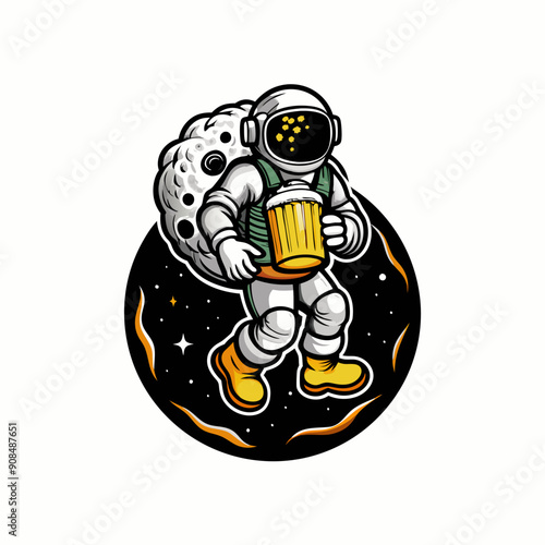 An astronaut on the moon, holding a large beer.