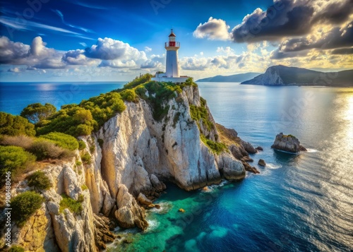 Majestic lighthouse stands tall on rugged cliff overlooking turquoise waters, surrounded by lush greenery and dramatic rocky formations on picturesque Lefkada island, Greece. photo