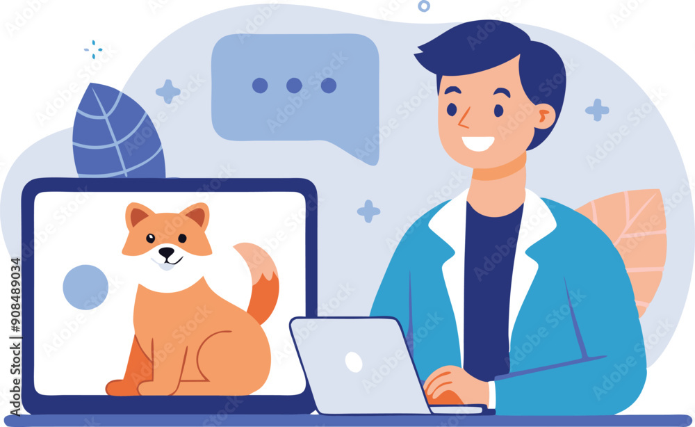 A person engages in an online consultation with a dog displayed on their laptop screen. A person engages in an online consultation with a dog displayed on their laptop screen.
