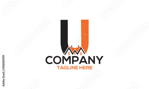 letter u and building minimal logo. U initial logo template vector icon with with silhouettes of roofs and windows, for all businesses in housing, apartments, roofing, constructions and others.