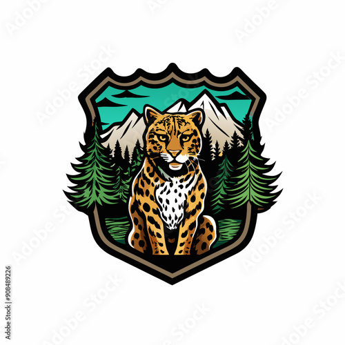 Badge with a leopard illustration, set against a mountainous natural landscape.