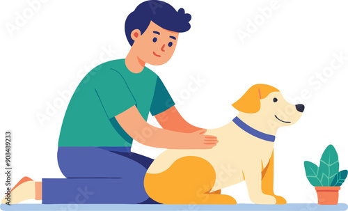 A young man kneels and lovingly pets a cheerful dog, creating a warm atmosphere filled with companionship.