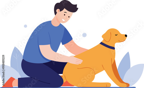 A young man kneels, gently petting a cheerful golden retriever in a serene outdoor environment.