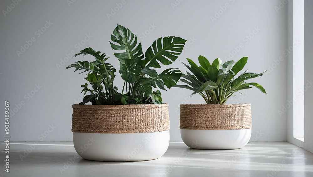 Two large wicker pots with green plants in a bright interior, creating an atmosphere of natural comfort and elegance. Two large wicker pots with green plants in a bright interior, creating an atmosphere of natural comfort and elegance.