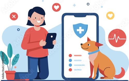 A young woman engages with a pet health app while her dog sits happily by her side.