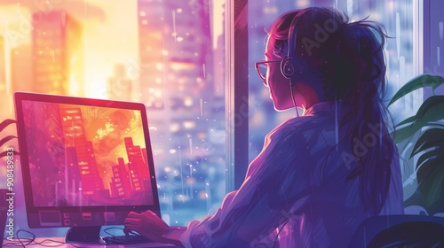 Woman Working at Computer with City View