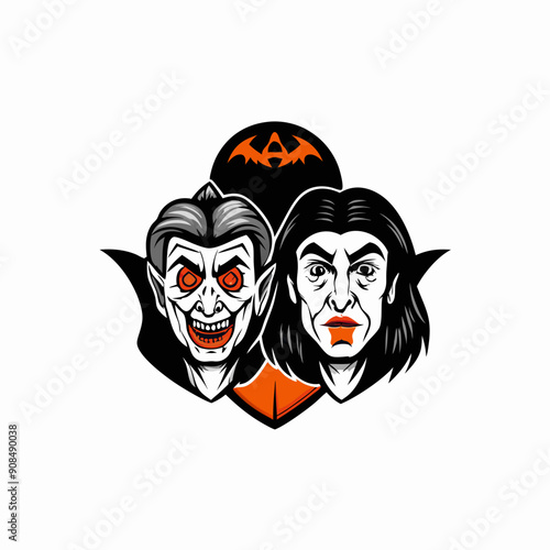 A vector art silhouette logo depicting a funny couple dressed in Halloween costumes.