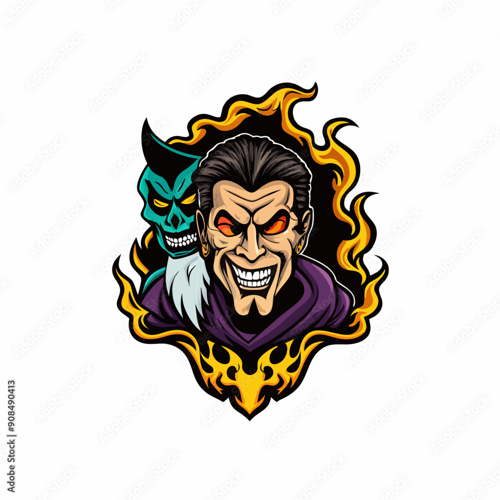 A magical evil hero removes his mask, revealing a face full of power and menace. A magical evil hero removes his mask, revealing a face full of power and menace.