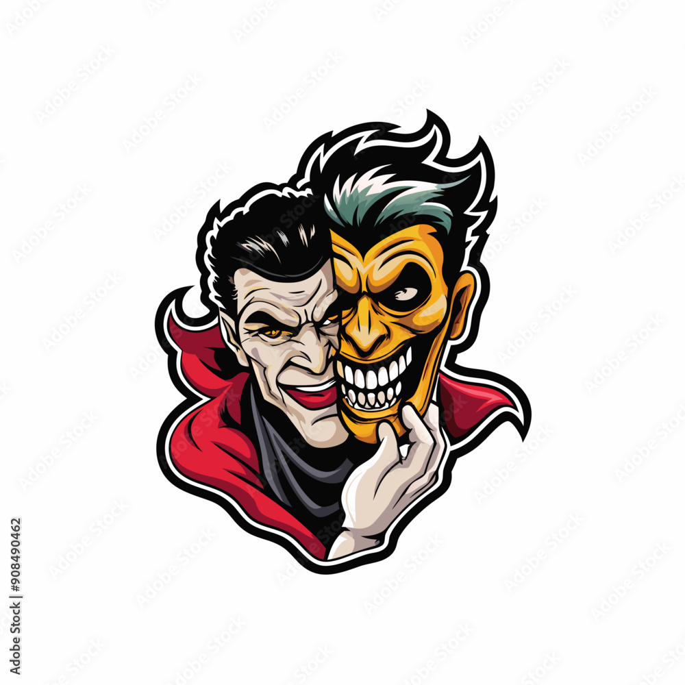 A dramatic illustration of a magical evil hero removing his mask, revealing a terrifying visage. A dramatic illustration of a magical evil hero removing his mask, revealing a terrifying visage.