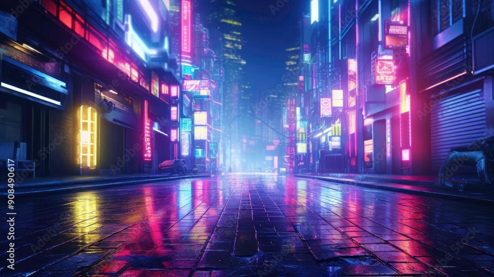 futuristic urban setting with a cyberpunk aesthetic. Neon lights in neon colors on a deserted street. Stunning nighttime cityscape. futuristic urban setting with a cyberpunk aesthetic. Neon lights in neon colors on a deserted street. Stunning nighttime cityscape.