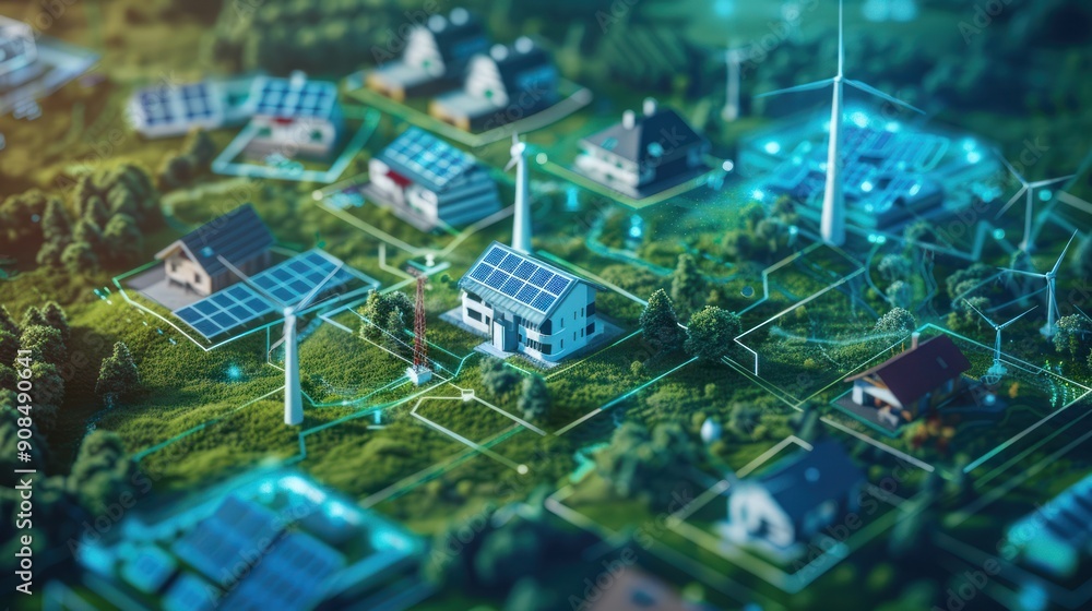 Obraz premium Renewable environmentally friendly power generation using solar panels and windmills.