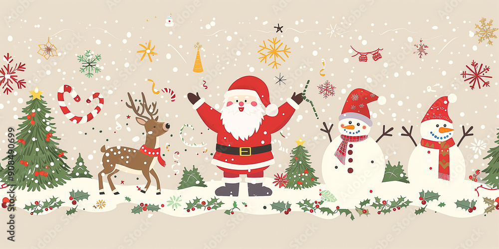Fototapeta premium Postkarte Weihnachten mit Weihnachtsmann Schneemann im Cartoon Stil
