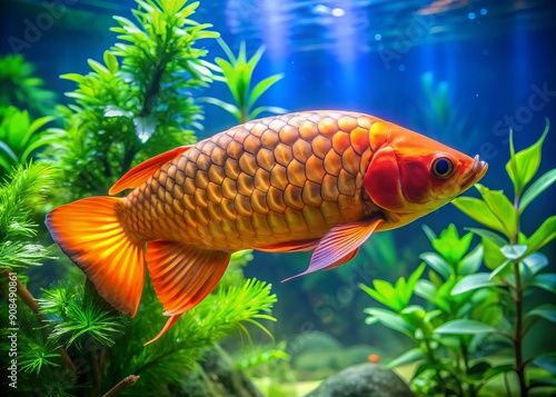 Vibrant orange arowana fish swims solo in a modern, well-lit aquarium with lush green plants and blue decorations, creating a serene underwater scene. photo