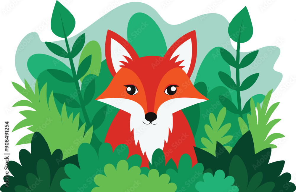 Fototapeta premium A red fox peeks through vibrant green foliage, showcasing its curious nature in a lush forest setting.