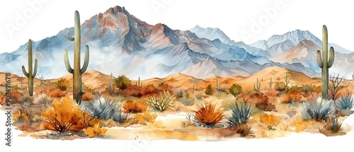 Watercolor painting of a tranquil desert with a cactus, isolated on white background