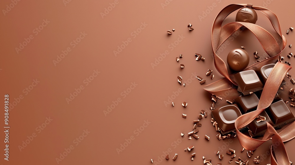 Fototapeta premium A chocolate bar with a brown ribbon tied around it, surrounded by chocolate pieces.
