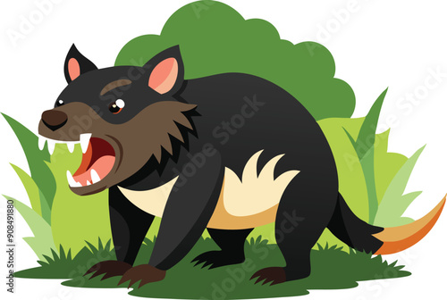 A Tasmanian devil stands fiercely in a vibrant forest, displaying its sharp teeth and wild expression.