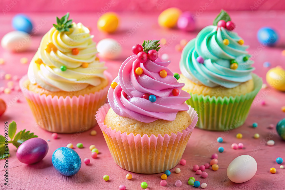 Vibrant pink background showcases a trio of scrumptious Easter cupcakes adorned with swirls of creamy vanilla frosting and topped with colorful candies and sprinkles. Vibrant pink background showcases a trio of scrumptious Easter cupcakes adorned with swirls of creamy vanilla frosting and topped with colorful candies and sprinkles.
