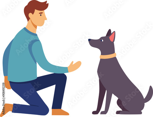 A young man kneels, extending his hand to patiently train his excited dog in a cheerful, indoor environment.