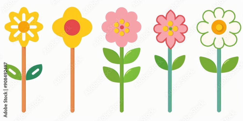 Obraz premium Collection of 2D and 3D Vector Flat Abstract Minimalistic Art of Flowers and Meadow Isolated on a White Background
