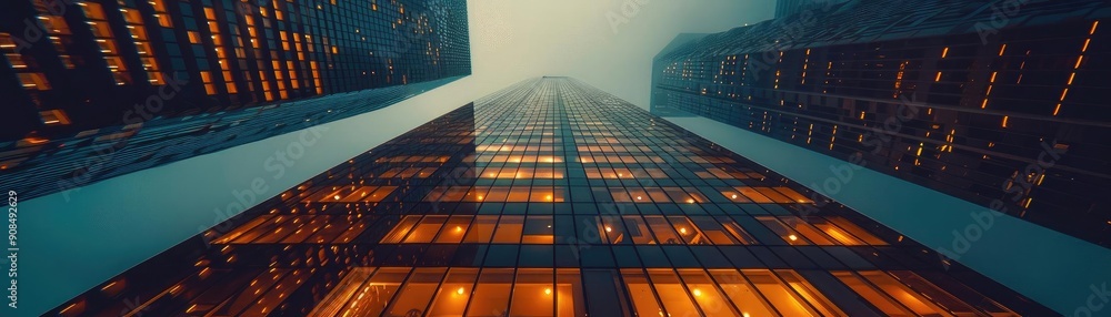 custom made wallpaper toronto digitalModern skyscraper reaching into the foggy sky, illuminated windows creating a stunning urban landscape at night.