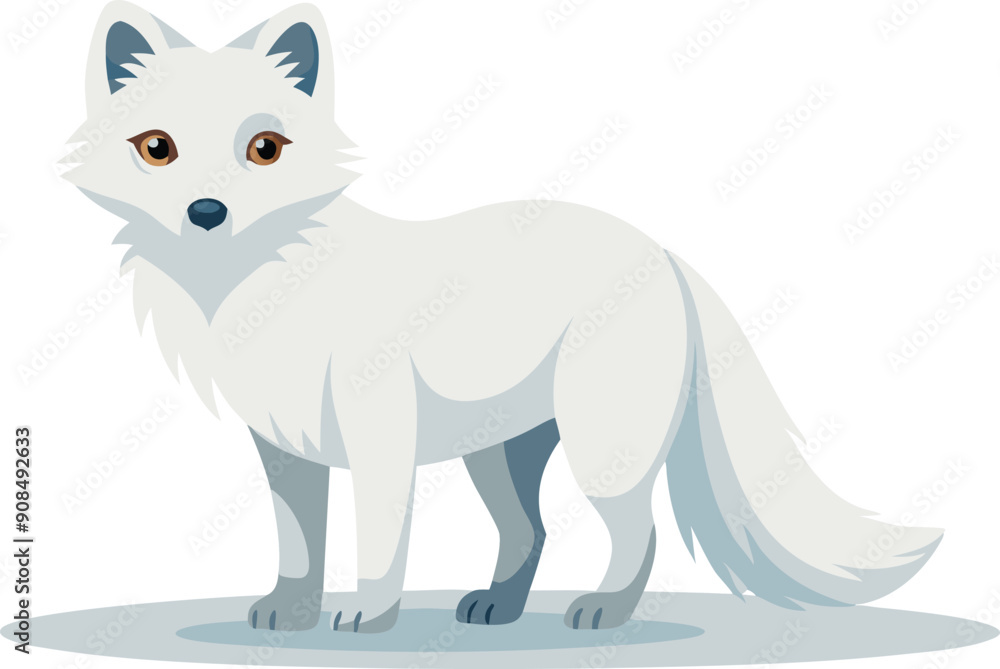 Fototapeta premium A standing Arctic fox with white fur and a bushy tail in a snowy environment.