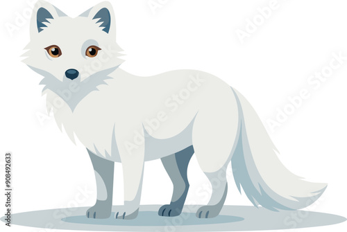 A standing Arctic fox with white fur and a bushy tail in a snowy environment.