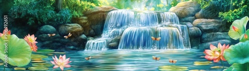 A serene waterfall surrounded by lush greenery and blooming lotus flowers, perfect for nature lovers and peaceful landscapes.