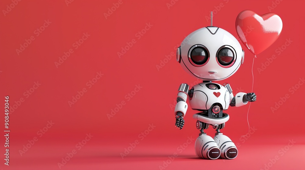 A white robot with a pink heart on its chest holds a red heart-shaped balloon on a red background. A white robot with a pink heart on its chest holds a red heart-shaped balloon on a red background.