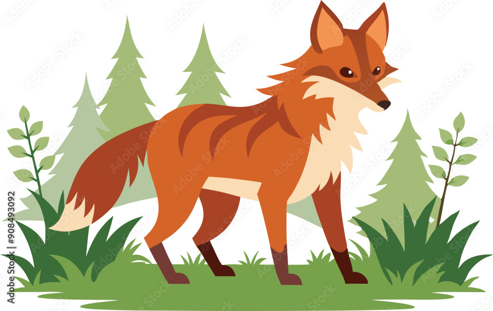 A fox strolls among lush greenery, surrounded by tall pine trees and vibrant bushes. A fox strolls among lush greenery, surrounded by tall pine trees and vibrant bushes.