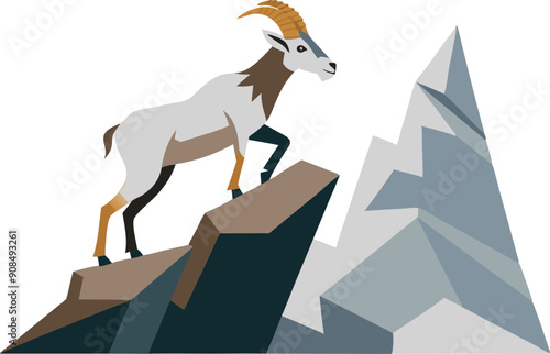 A mountain goat stands triumphantly on a rocky ledge, overlooking the stunning landscape of mountains during the early morning light.