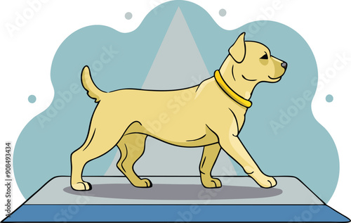 A cheerful yellow Labrador confidently walks along a stage, capturing attention with its vibrant personality.