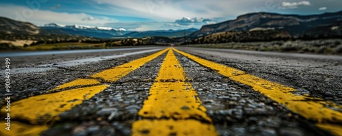 A scenic view of a long, paved road with yellow lines, surrounded by mountains under a dramatic sky, perfect for travel themes.