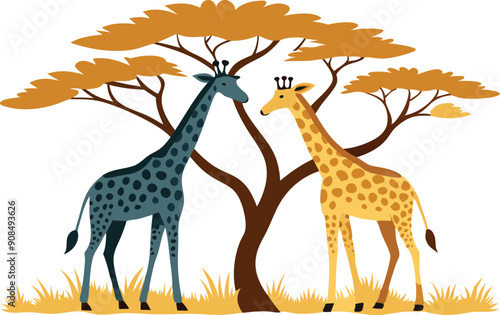 Two giraffes gently nuzzle each other beneath a sprawling acacia tree in a vibrant African landscape.