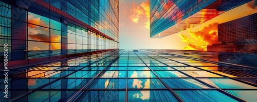 Stunning perspective of modern skyscrapers reflecting vibrant sunsets, showcasing urban architecture and creativity.