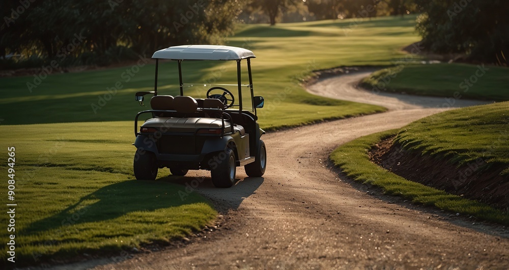 A golf cart beside a gently winding path on a tranquil golf course, the scene bathed in the warm light of a setting sun A golf cart beside a gently winding path on a tranquil golf course, the scene bathed in the warm light of a setting sun