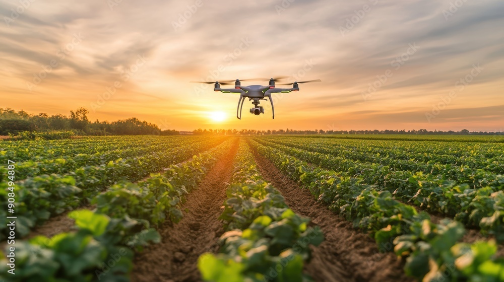 Drone Flying Over a Lush Green Field at Sunset Drone Flying Over a Lush Green Field at Sunset