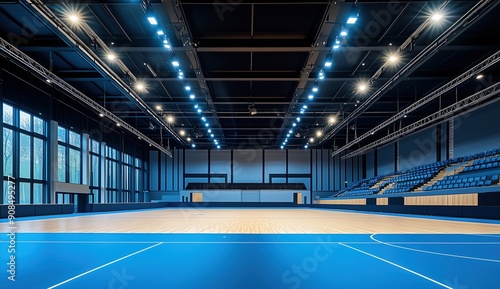 the empty modern sports hall with a blue carpet and black metal ceiling, spotlights shining from above