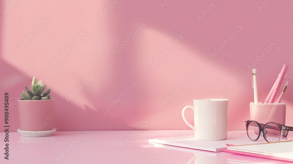 A desk with a white mug, a notebook, glasses, and a potted plant, all on a pink surface. A desk with a white mug, a notebook, glasses, and a potted plant, all on a pink surface.