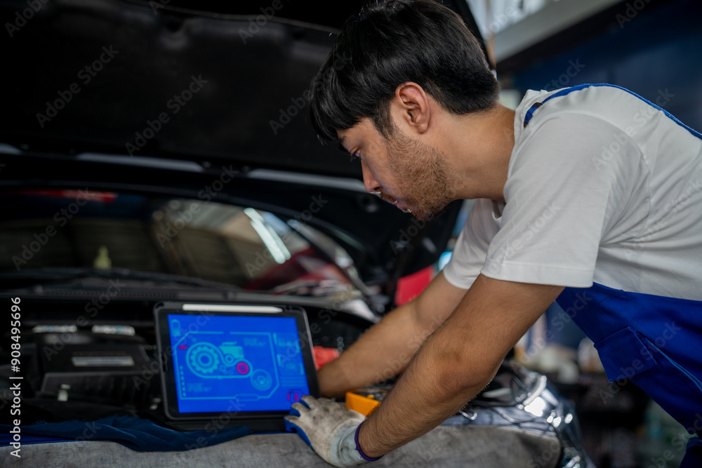 Professional Auto Mechanic Using Digital Tablet for Vehicle Inspection and Maintenance in Modern Automotive Garage Professional Auto Mechanic Using Digital Tablet for Vehicle Inspection and Maintenance in Modern Automotive Garage