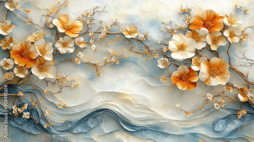 Fototapeta Naklejka Na Ścianę i Meble -  Elegant colorful with vibrant flower hanging branches illustration background. Bright color 3d abstraction wallpaper for interior mural