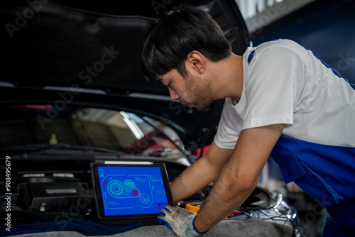 Auto Mechanic Using Digital Tablet for Vehicle Inspection and Maintenance in Modern Garage Workshop